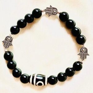 Crystals- Black Onex, Tibetan DZI bead, Hamsa Hand